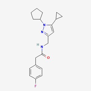 molecular formula C20H24FN3O B2871628 N-((1-cyclopentyl-5-cyclopropyl-1H-pyrazol-3-yl)methyl)-2-(4-fluorophenyl)acetamide CAS No. 1448124-17-1