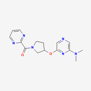 molecular formula C15H18N6O2 B2871639 (3-((6-(Dimethylamino)pyrazin-2-yl)oxy)pyrrolidin-1-yl)(pyrimidin-2-yl)methanone CAS No. 2034402-59-8