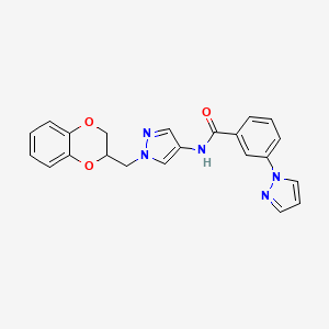 molecular formula C22H19N5O3 B2871659 N-(1-((2,3-dihydrobenzo[b][1,4]dioxin-2-yl)methyl)-1H-pyrazol-4-yl)-3-(1H-pyrazol-1-yl)benzamide CAS No. 1705876-88-5