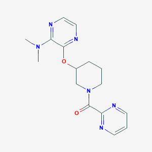 molecular formula C16H20N6O2 B2871721 (3-((3-(Dimethylamino)pyrazin-2-yl)oxy)piperidin-1-yl)(pyrimidin-2-yl)methanone CAS No. 2034503-21-2