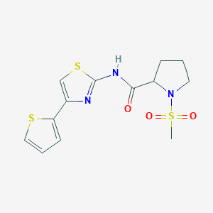 molecular formula C13H15N3O3S3 B2871770 1-(methylsulfonyl)-N-(4-(thiophen-2-yl)thiazol-2-yl)pyrrolidine-2-carboxamide CAS No. 1236269-19-4