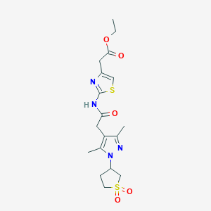 molecular formula C18H24N4O5S2 B2871788 ethyl 2-(2-(2-(1-(1,1-dioxidotetrahydrothiophen-3-yl)-3,5-dimethyl-1H-pyrazol-4-yl)acetamido)thiazol-4-yl)acetate CAS No. 1207035-13-9