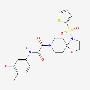 molecular formula C20H22FN3O5S2 B2871805 N-(3-fluoro-4-methylphenyl)-2-oxo-2-(4-(thiophen-2-ylsulfonyl)-1-oxa-4,8-diazaspiro[4.5]decan-8-yl)acetamide CAS No. 898453-45-7