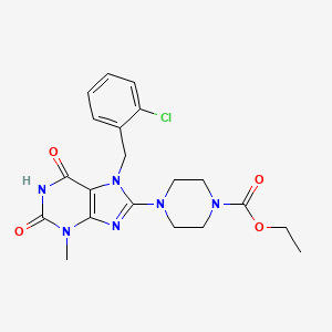 molecular formula C20H23ClN6O4 B2871863 Ethyl 4-[7-[(2-chlorophenyl)methyl]-3-methyl-2,6-dioxopurin-8-yl]piperazine-1-carboxylate CAS No. 672942-07-3