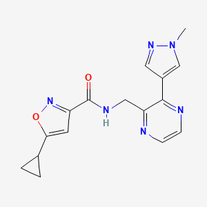 molecular formula C16H16N6O2 B2871872 5-cyclopropyl-N-((3-(1-methyl-1H-pyrazol-4-yl)pyrazin-2-yl)methyl)isoxazole-3-carboxamide CAS No. 2034299-70-0