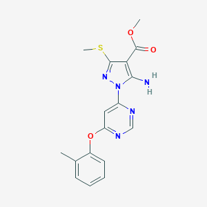 molecular formula C17H17N5O3S B287189 methyl 5-amino-1-[6-(2-methylphenoxy)-4-pyrimidinyl]-3-(methylsulfanyl)-1H-pyrazole-4-carboxylate 