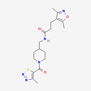 molecular formula C18H25N5O3S B2871891 3-(3,5-dimethylisoxazol-4-yl)-N-((1-(4-methyl-1,2,3-thiadiazole-5-carbonyl)piperidin-4-yl)methyl)propanamide CAS No. 1797074-52-2