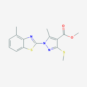 molecular formula C15H15N3O2S2 B287190 methyl 5-methyl-1-(4-methyl-1,3-benzothiazol-2-yl)-3-(methylsulfanyl)-1H-pyrazole-4-carboxylate 