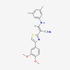 molecular formula C22H21N3O2S B2871964 (E)-2-(4-(3,4-dimethoxyphenyl)thiazol-2-yl)-3-((3,5-dimethylphenyl)amino)acrylonitrile CAS No. 373614-93-8