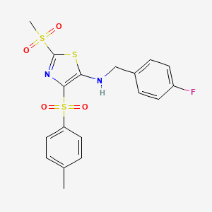 molecular formula C18H17FN2O4S3 B2871992 N-(4-fluorobenzyl)-2-(methylsulfonyl)-4-tosylthiazol-5-amine CAS No. 863668-77-3