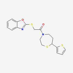 molecular formula C18H18N2O2S3 B2872007 2-(Benzo[d]oxazol-2-ylthio)-1-(7-(thiophen-2-yl)-1,4-thiazepan-4-yl)ethanone CAS No. 1705224-18-5