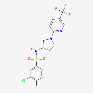 molecular formula C16H14ClF4N3O2S B2872027 3-chloro-4-fluoro-N-(1-(5-(trifluoromethyl)pyridin-2-yl)pyrrolidin-3-yl)benzenesulfonamide CAS No. 1798624-35-7