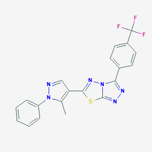 molecular formula C20H13F3N6S B287208 6-(5-methyl-1-phenyl-1H-pyrazol-4-yl)-3-[4-(trifluoromethyl)phenyl][1,2,4]triazolo[3,4-b][1,3,4]thiadiazole 