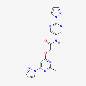 molecular formula C17H15N9O2 B2872103 N-(2-(1H-pyrazol-1-yl)pyrimidin-5-yl)-2-((2-methyl-6-(1H-pyrazol-1-yl)pyrimidin-4-yl)oxy)acetamide CAS No. 1421446-23-2