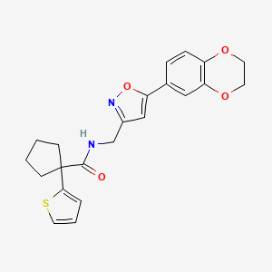 molecular formula C22H22N2O4S B2872108 N-((5-(2,3-dihydrobenzo[b][1,4]dioxin-6-yl)isoxazol-3-yl)methyl)-1-(thiophen-2-yl)cyclopentanecarboxamide CAS No. 1207010-81-8