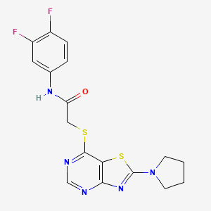 molecular formula C17H15F2N5OS2 B2872128 N-(3,4-二氟苯基)-2-((2-(吡咯烷-1-基)噻唑并[4,5-d]嘧啶-7-基)硫代)乙酰胺 CAS No. 1190021-54-5