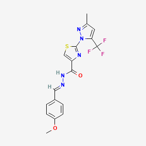 molecular formula C17H14F3N5O2S B2872134 N'-[(E)-(4-methoxyphenyl)methylidene]-2-[3-methyl-5-(trifluoromethyl)-1H-pyrazol-1-yl]-1,3-thiazole-4-carbohydrazide CAS No. 956209-12-4