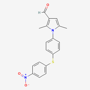 molecular formula C19H16N2O3S B2872138 2,5-dimethyl-1-{4-[(4-nitrophenyl)sulfanyl]phenyl}-1H-pyrrole-3-carbaldehyde CAS No. 296897-97-7