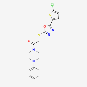 molecular formula C18H17ClN4O2S2 B2872141 2-[[5-(5-Chlorothiophen-2-yl)-1,3,4-oxadiazol-2-yl]sulfanyl]-1-(4-phenylpiperazin-1-yl)ethanone CAS No. 850937-41-6