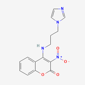 molecular formula C15H14N4O4 B2872155 4-{[3-(1H-咪唑-1-基)丙基]氨基}-3-硝基-2H-色烯-2-酮 CAS No. 294853-70-6