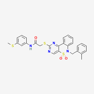 molecular formula C27H24N4O3S3 B2872175 2-((6-(2-甲基苄基)-5,5-二氧化-6H-苯并[c]嘧啶并[4,5-e][1,2]噻嗪-2-基)硫代)-N-(3-(甲硫代)苯基)乙酰胺 CAS No. 895101-08-3