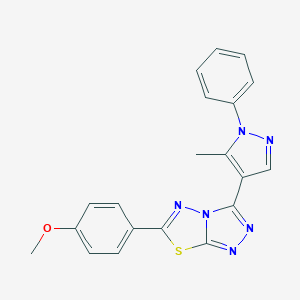 molecular formula C20H16N6OS B287220 6-(4-Methoxyphenyl)-3-(5-methyl-1-phenyl-pyrazol-4-yl)-[1,2,4]triazolo[3,4-b][1,3,4]thiadiazole 