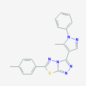molecular formula C20H16N6S B287221 3-(5-Methyl-1-phenyl-pyrazol-4-yl)-6-(p-tolyl)-[1,2,4]triazolo[3,4-b][1,3,4]thiadiazole 