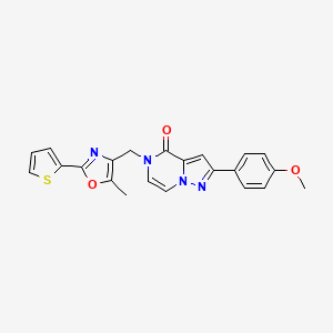 molecular formula C22H18N4O3S B2872259 2-(4-methoxyphenyl)-5-((5-methyl-2-(thiophen-2-yl)oxazol-4-yl)methyl)pyrazolo[1,5-a]pyrazin-4(5H)-one CAS No. 1359418-49-7
