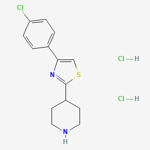 molecular formula C14H17Cl3N2S B2872282 4-(4-氯苯基)-2-哌啶-4-基-1,3-噻唑；二盐酸盐 CAS No. 2378506-82-0