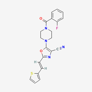 molecular formula C21H17FN4O2S B2872324 (E)-5-(4-(2-氟苯甲酰)哌嗪-1-基)-2-(2-(噻吩-2-基)乙烯基)恶唑-4-腈 CAS No. 940993-55-5