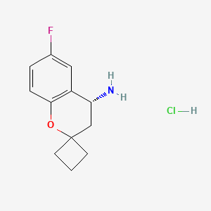 molecular formula C12H15ClFNO B2872336 (4R)-6-氟-3,4-二氢螺并[1-苯并吡喃-2,1'-环丁烷]-4-胺盐酸盐 CAS No. 2227876-79-9