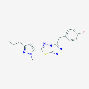molecular formula C17H17FN6S B287234 3-(4-fluorobenzyl)-6-(1-methyl-3-propyl-1H-pyrazol-5-yl)[1,2,4]triazolo[3,4-b][1,3,4]thiadiazole 