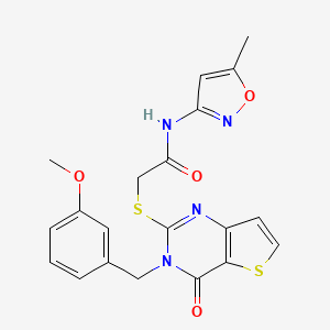 molecular formula C20H18N4O4S2 B2872383 2-{[3-(3-methoxybenzyl)-4-oxo-3,4-dihydrothieno[3,2-d]pyrimidin-2-yl]sulfanyl}-N-(5-methyl-1,2-oxazol-3-yl)acetamide CAS No. 1252904-64-5