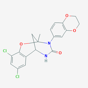 molecular formula C19H16Cl2N2O4 B2872386 8,10-dichloro-3-(2,3-dihydrobenzo[b][1,4]dioxin-6-yl)-2-methyl-5,6-dihydro-2H-2,6-methanobenzo[g][1,3,5]oxadiazocin-4(3H)-one CAS No. 899743-31-8