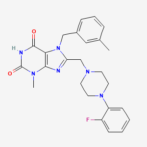 molecular formula C25H27FN6O2 B2872391 8-((4-(2-fluorophenyl)piperazin-1-yl)methyl)-3-methyl-7-(3-methylbenzyl)-1H-purine-2,6(3H,7H)-dione CAS No. 862979-49-5