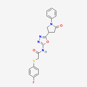molecular formula C20H17FN4O3S B2872408 2-((4-fluorophenyl)thio)-N-(5-(5-oxo-1-phenylpyrrolidin-3-yl)-1,3,4-oxadiazol-2-yl)acetamide CAS No. 1286698-69-8