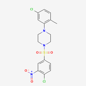 molecular formula C17H17Cl2N3O4S B2872432 1-氯-4-((4-(5-氯-2-甲基苯基)哌嗪基)磺酰基)-2-硝基苯 CAS No. 1024431-77-3