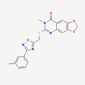 molecular formula C20H16N4O4S B2872434 7-methyl-6-(((3-(m-tolyl)-1,2,4-oxadiazol-5-yl)methyl)thio)-[1,3]dioxolo[4,5-g]quinazolin-8(7H)-one CAS No. 1111974-32-3