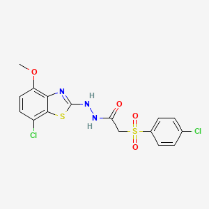 molecular formula C16H13Cl2N3O4S2 B2872469 N'-(7-chloro-4-methoxybenzo[d]thiazol-2-yl)-2-((4-chlorophenyl)sulfonyl)acetohydrazide CAS No. 922822-07-9