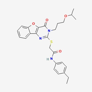molecular formula C26H29N3O4S B2872470 N-(4-ethylphenyl)-2-({4-oxo-3-[3-(propan-2-yloxy)propyl]-3,4-dihydro[1]benzofuro[3,2-d]pyrimidin-2-yl}sulfanyl)acetamide CAS No. 900004-31-1