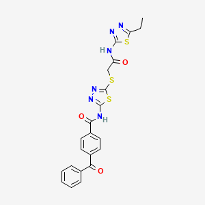 molecular formula C22H18N6O3S3 B2872480 4-苯甲酰基-N-[5-[2-[(5-乙基-1,3,4-噻二唑-2-基)氨基]-2-氧代乙基]硫代-1,3,4-噻二唑-2-基]苯甲酰胺 CAS No. 389073-20-5