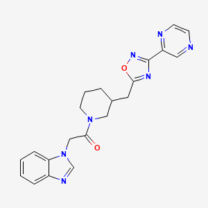 molecular formula C21H21N7O2 B2872496 2-(1H-benzo[d]imidazol-1-yl)-1-(3-((3-(pyrazin-2-yl)-1,2,4-oxadiazol-5-yl)methyl)piperidin-1-yl)ethanone CAS No. 1705936-97-5