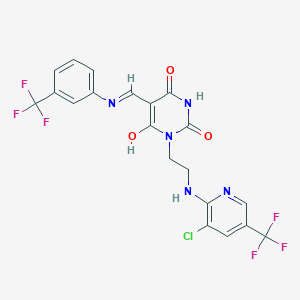 molecular formula C20H14ClF6N5O3 B2872502 1-(2-{[3-chloro-5-(trifluoromethyl)-2-pyridinyl]amino}ethyl)-5-{[3-(trifluoromethyl)anilino]methylene}-2,4,6(1H,3H,5H)-pyrimidinetrione CAS No. 306978-02-9