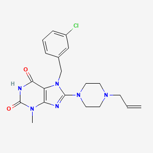 molecular formula C20H23ClN6O2 B2872582 7-[(3-Chlorophenyl)methyl]-3-methyl-8-(4-prop-2-enylpiperazin-1-yl)purine-2,6-dione CAS No. 887030-34-4