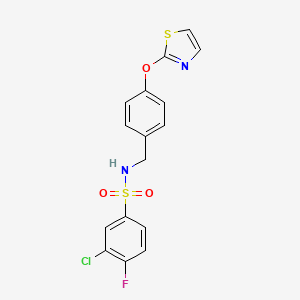 molecular formula C16H12ClFN2O3S2 B2872585 3-chloro-4-fluoro-N-(4-(thiazol-2-yloxy)benzyl)benzenesulfonamide CAS No. 2034526-08-2