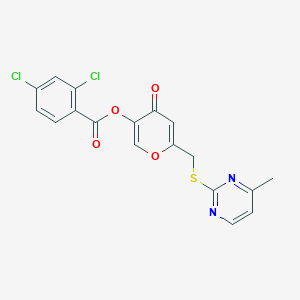 molecular formula C18H12Cl2N2O4S B2872618 6-(((4-methylpyrimidin-2-yl)thio)methyl)-4-oxo-4H-pyran-3-yl 2,4-dichlorobenzoate CAS No. 877636-15-2