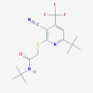 molecular formula C17H22F3N3OS B2872684 N-tert-butyl-2-{[6-tert-butyl-3-cyano-4-(trifluoromethyl)pyridin-2-yl]sulfanyl}acetamide CAS No. 905786-78-9