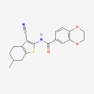 molecular formula C19H18N2O3S B2872709 N-(3-cyano-6-methyl-4,5,6,7-tetrahydro-1-benzothiophen-2-yl)-2,3-dihydro-1,4-benzodioxine-6-carboxamide CAS No. 477553-23-4