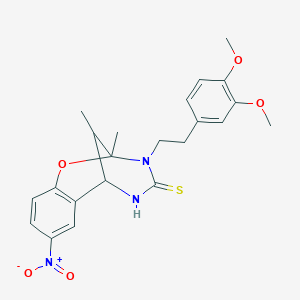 molecular formula C22H25N3O5S B2872718 3-(3,4-dimethoxyphenethyl)-2,11-dimethyl-8-nitro-5,6-dihydro-2H-2,6-methanobenzo[g][1,3,5]oxadiazocine-4(3H)-thione CAS No. 1005286-88-3