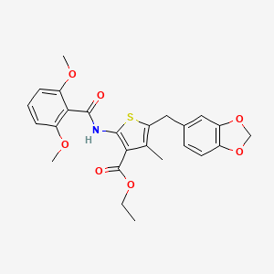 molecular formula C25H25NO7S B2872744 5-(苯并[d][1,3]二氧杂环-5-基甲基)-2-(2,6-二甲氧基苯甲酰胺)-4-甲基噻吩-3-甲酸乙酯 CAS No. 476365-61-4